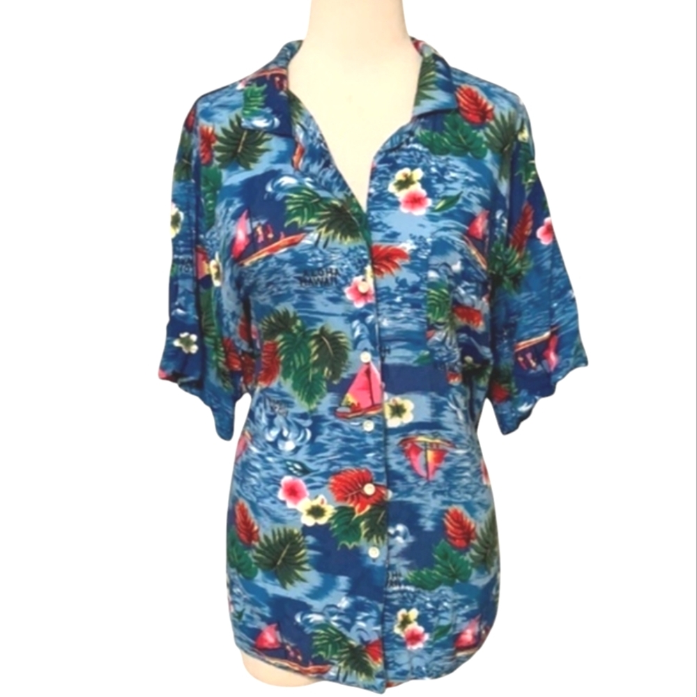 Vintage D.C.C. Hawaiian Shirt Plus Size 22/24 Blue Tropical Sailboat Hibiscus